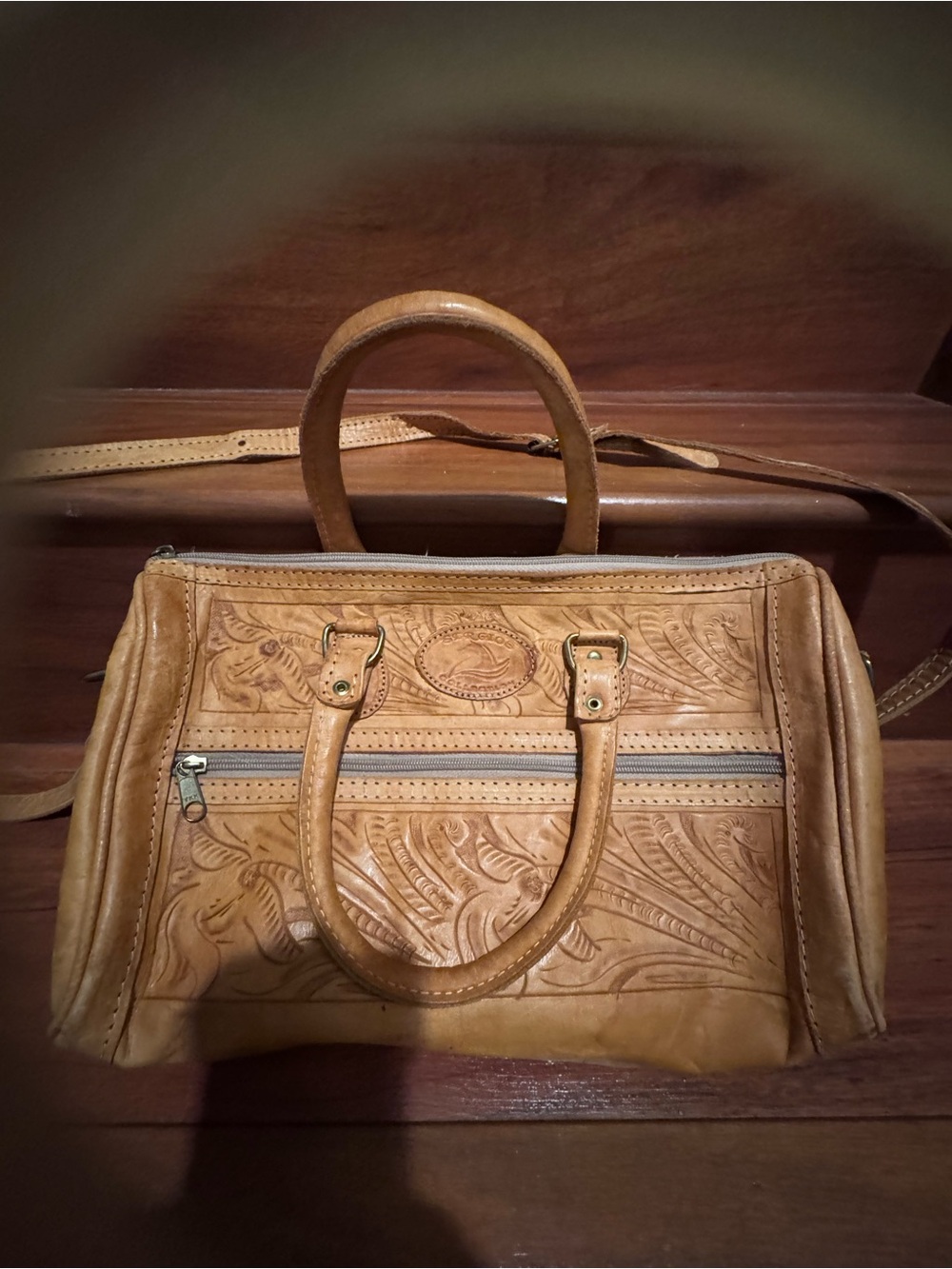 VINTAGE Hand-Tooled Tan Leather Satchel Bag